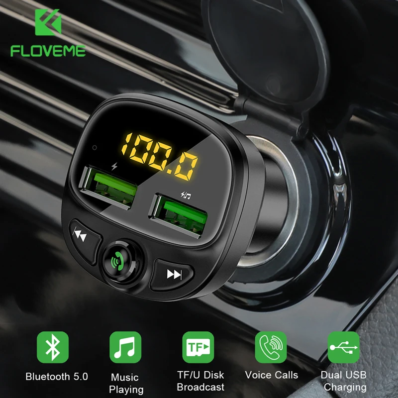 FLOVEME Dual USB Car Phone Charger Bluetooth 5.0 MP3 Player Fast Charging For iPhone 8 Samsung TF Card Support Car USB Charger