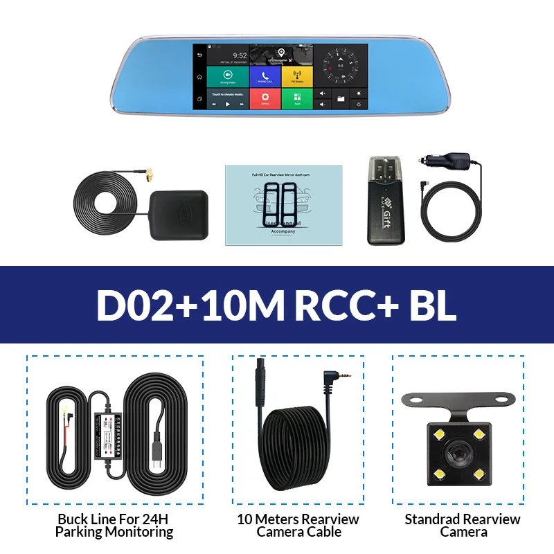 E-ACE Автомобильные видеорегистраторы " Сенсорное зеркало заднего вида 3g Android 5,0 камеры gps Bluetooth Handfree wifi FHD 1080P16G двойной объектив видео рекордер - Название цвета: D02-10M RCC-BL