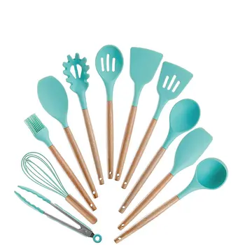 

Food Grade Kitchen Supplies Wooden Handle Non-stick Pot Silicone Spatula Kit Gadget Spatula Tongs Soup Ladle Utensils Cookware