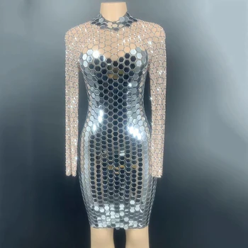 

Silver Rhinestones Mirror Transparent Short Dress Prom Birthday Celebrate Dresses Nightclub Stage Outfit Women Party Wear DT4