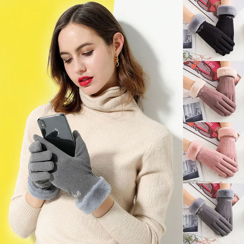 

Full Finger Gloves For Women Double Layer Plus Velvet Thickening Touch Screen Gloves Faux Fur Wrist Mouth Gloves Mittens Winter