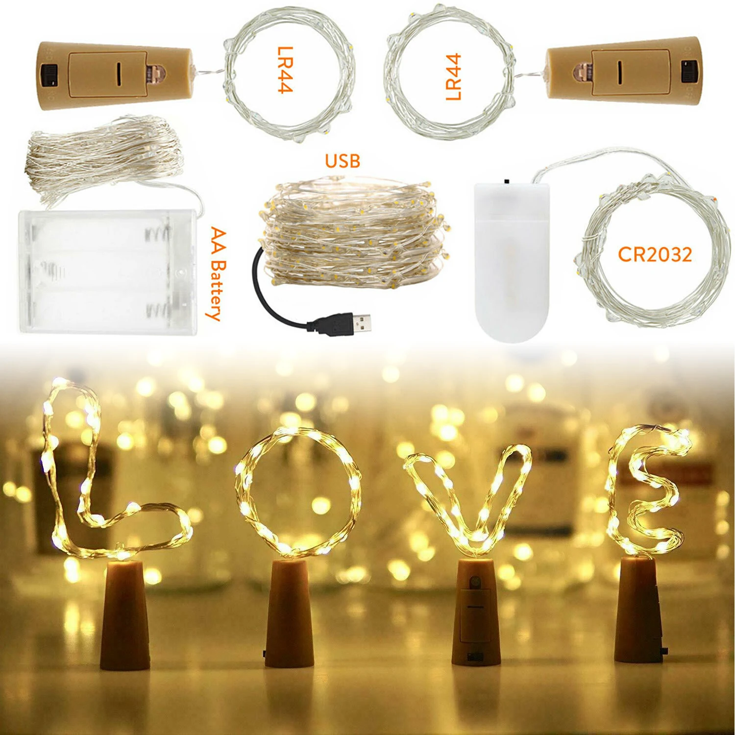 

9 Colors 1M 2M 3M 5M 10M LED String Light Cork Fairy Lights Garlands Holiday Lamp USB/Battery Powered for Xmas New Year Decor