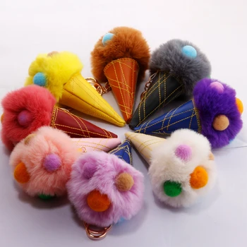 

50pcs/Lot Colorized Ice Cream Keychain Plush Fur Ball Keyring Bags Key Chain Car Key Ring Gelato Keychains