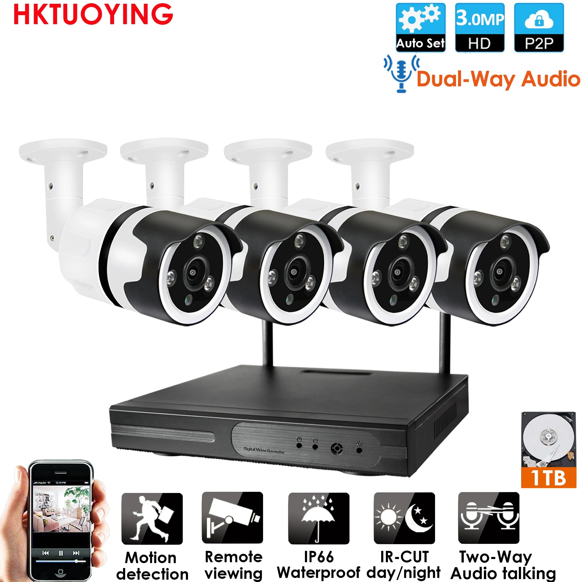 Комплект беспроводного видеорегистратора 8 каналов двустороннее аудио HD P2P 1080 МП