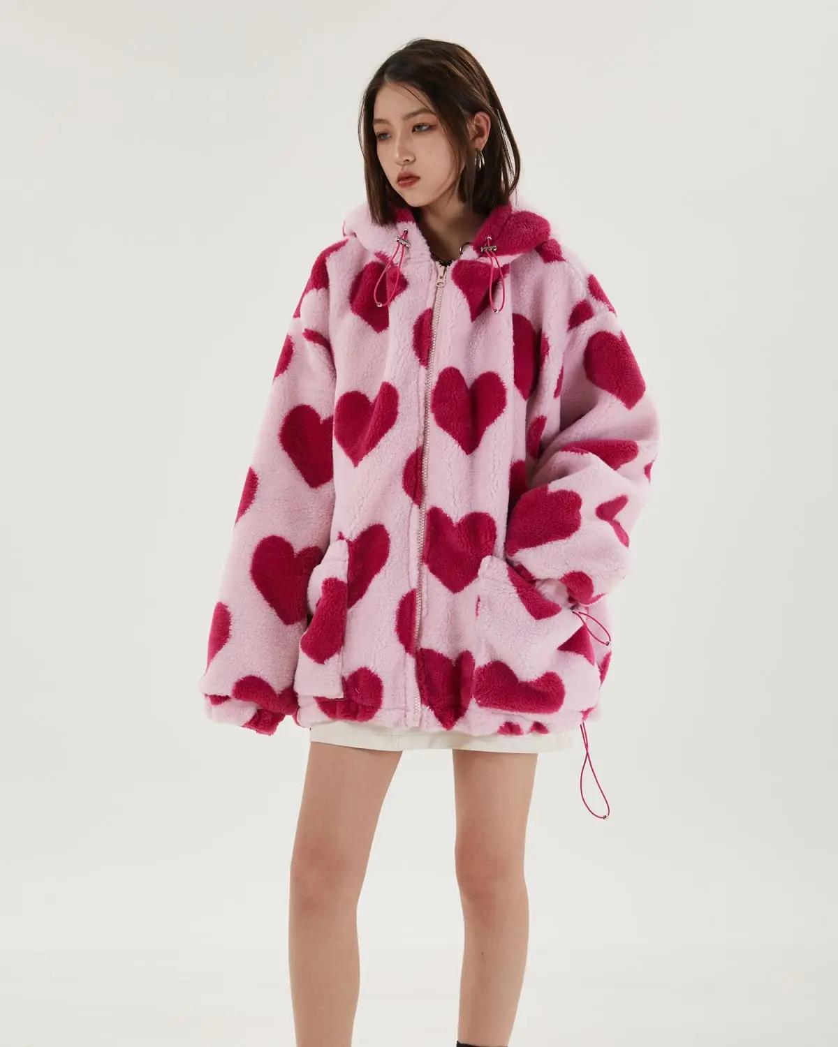 Student Hooded Cotton Women's Hearts Print Fur Jacket - true deals club