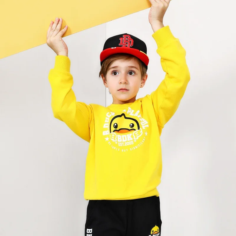 

B. Duck Small Yellow Duck Spring And Autumn Crew Neck Long-sleeved Sweater Elastic Ribbed Pattern Cartoon Lettered Pattern Crew