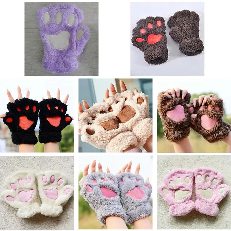 

Women Fashion Cute Cat Claw Paw Plush Mittens Warm Soft Plush Short Fingerless Fluffy Bear Cat Gloves Costume Half Finger