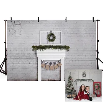 

Mehofond Christmas Fireplace Backdrop White Brick Wall Green Wreath Baby Photography Background for Photo Studio Decorations Pro