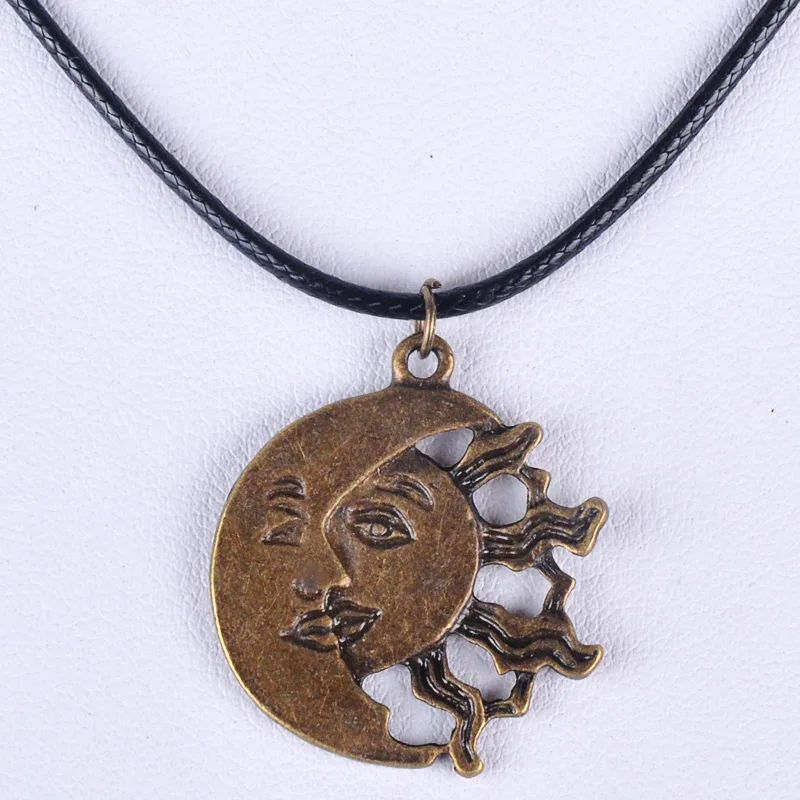 27*30MM Vintage bronze antique ancient moon sun pendant necklace women wax cord rope necklace jewelry fashion alloy jewellery