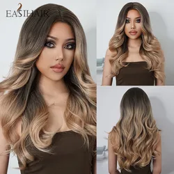 EASIHAIR Long Brown Ombre Wavy Wigs for Women Synthetic Wigs Chestnut Brown Ombre Wigs Heat Resistant Middle Part Cosplay Wig