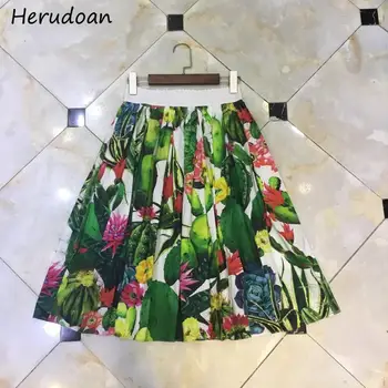

Herudoan Fashion Runway Summer Cotton Skirt Women Elastic Waist gorgeous Cactus Floral Print Vacation Short Skirt