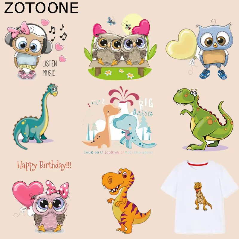 

ZOTOONE Cute Animal Owl Patches Dinosaur Sticker Iron on Transfers for Clothes T-shirt Diy Accessory Appliques Heat Transfer G