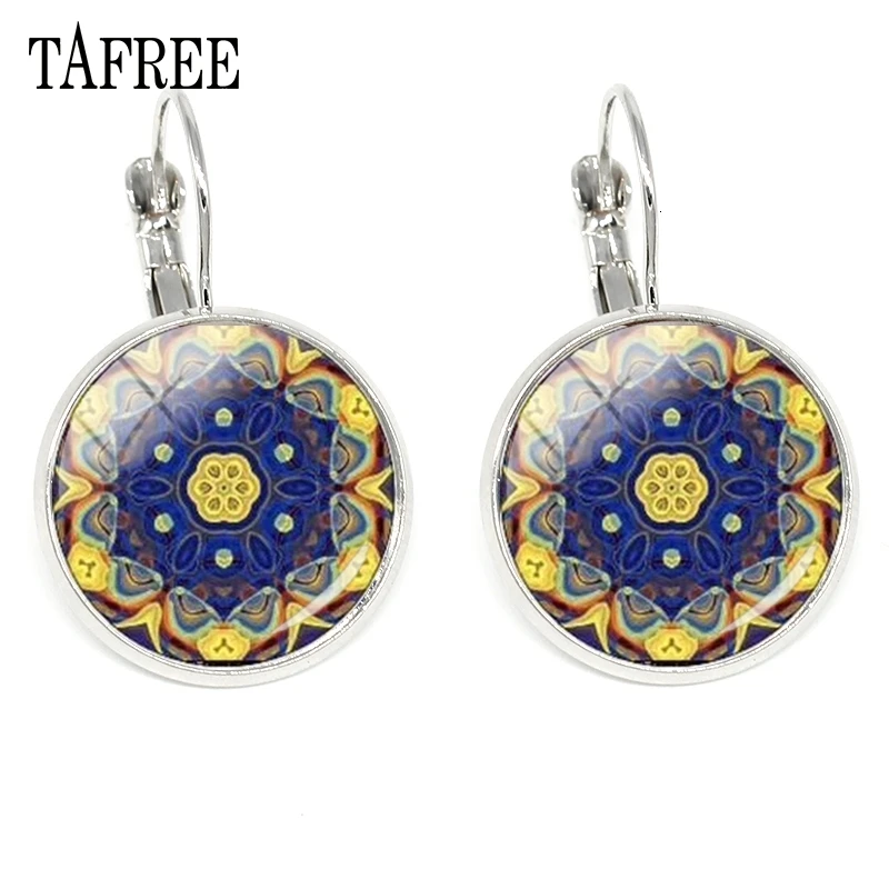 TAFREE очаровательные женские серьги-клипсы в виде мандалы,, Священная геометрия, серьги для йоги, стеклянный кабошон, купол, индийские ювелирные изделия HN440