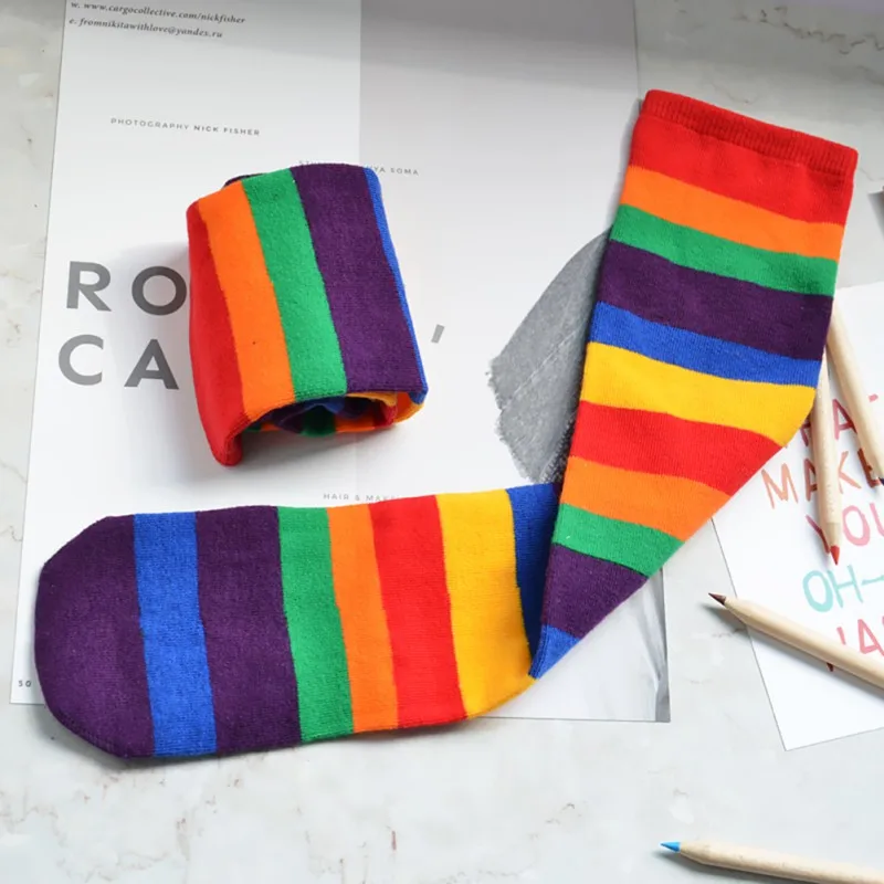 

Smartbabyme Socks Baby Girl Knee High Rainbow Princess Cute Baby Kids Long Tube Booties Striped Socks