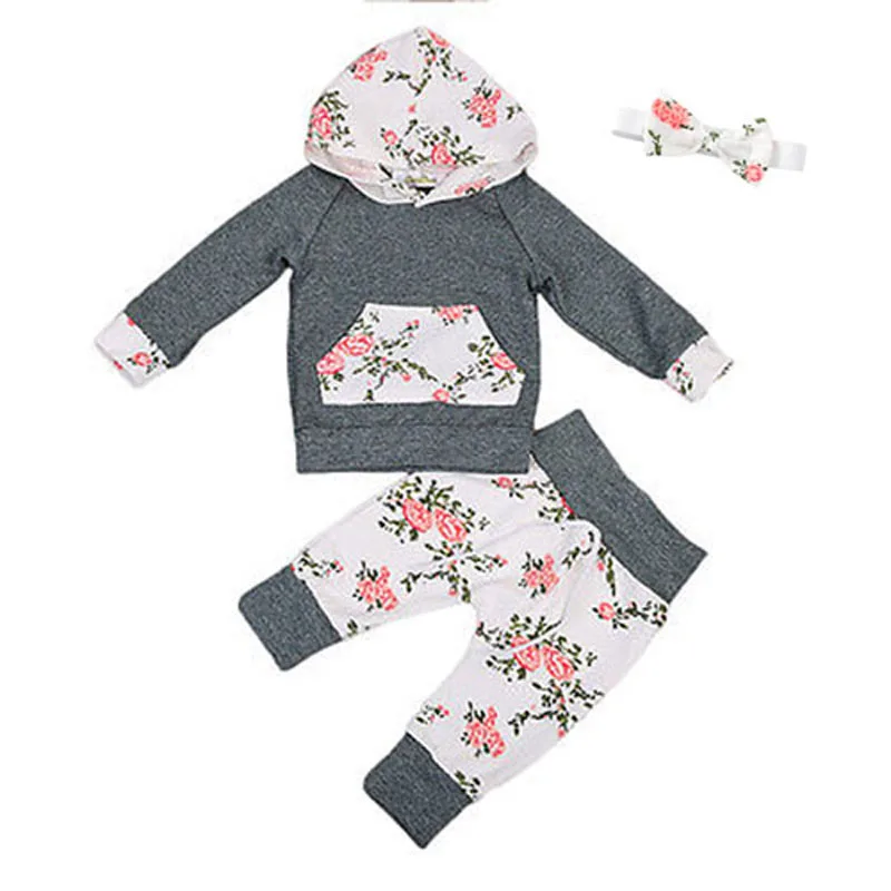 Focusnorm Мода 3 шт./компл. от 0 до 24 месяцев, одежда для малышей для девочек осенняя одежда с длинными рукавами верхняя одежда с капюшоном и цветочным принтом, топ, штаны, повязка на голову, одежда