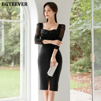 

BGTEEVER Elegant Black Square Collar Sheath Women Dress Front-split Half Sleeve Female Dress Pencil Bodycon Vestidos Femme 2019