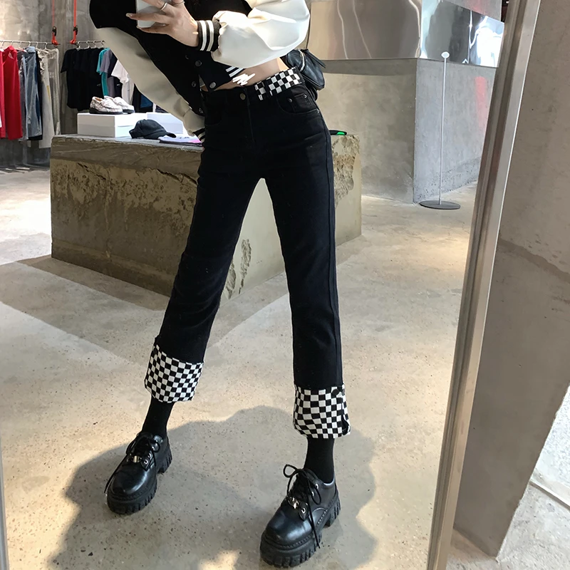 Women Spring High Waist Jeans Mujer Y2K Harajuku Plaid Printed Pencil Pants Fashion Office Lady Skinny Denim Trousers P426 high waisted jeans