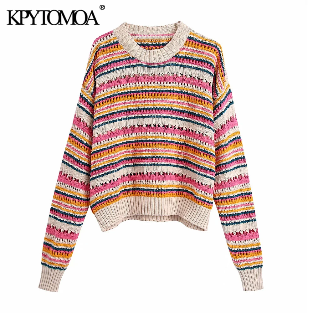 KPYTOMOA Women  Fashion Striped Loose Crop Knit Sweater Vintage O Neck Long Sleeve Pullovers Chic Tops brown sweater