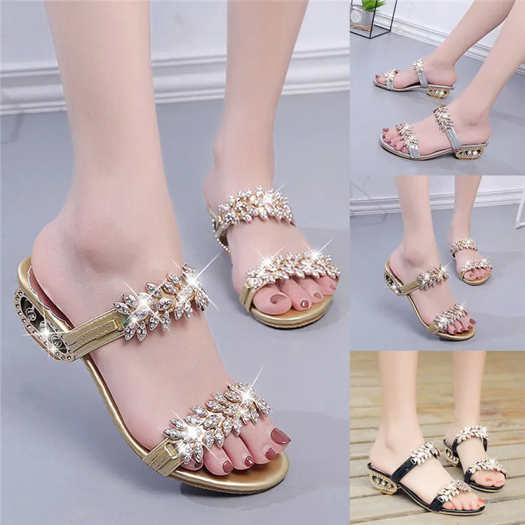 Sexy Rhinestone Women Summer Slippers Low Heel 5CM Fashion Slipper Sandals Ladies Party Wedding Woman Shoes Slides