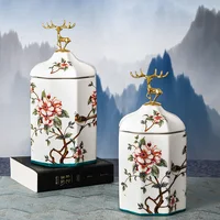 Color Flower Bird Golden Deer Candy Jar Ceramic Storage Bottle Household Nut Tea Tin Moisture-proof Storage Box Porcelain Crafts 1