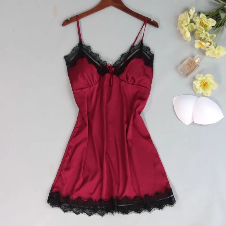 New Style Sexy Pajamas Female Spring Summer Long Sleeve Nightgown Piece-Slip Nightdress with Chest Pad Thin Ice Silk
