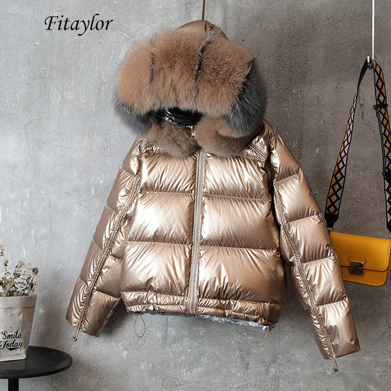 

Fitaylor Women Winter Down Jacket Warm Large Faux Fur Collar White Duck Down Parkas Double-sided Wear Gold Silver Snow Outwear