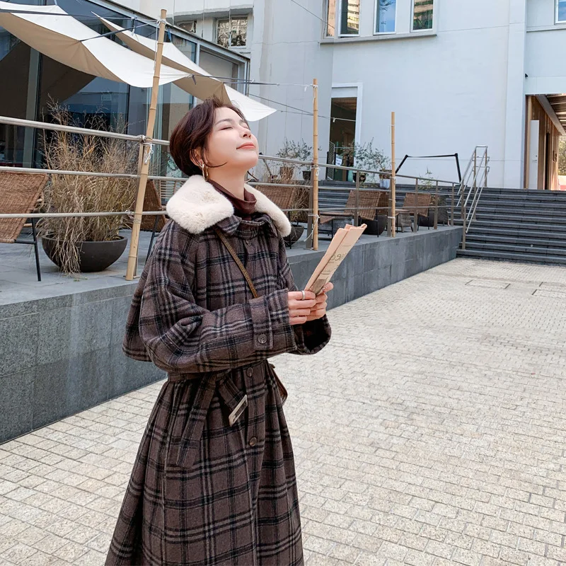 

Photo Shoot Plaid Woolen Overcoat Women's Mid-length 2019 Winter New Style Korean-style Loose-Fit Lace-up Slimming Woolen Jacket