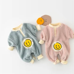 Barboteuse à manches longues pour bébé, vêtement une pièce épais et chaud avec visage souriant 