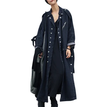 

Spring Autumn Long Denim Trench coat for women Basic coat 2020 New Plus size Washed jeans Outerwear Loose Womens windbreakers