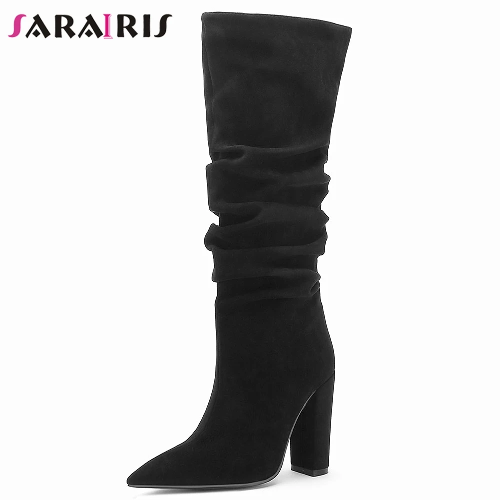 

SARAIRIS Brand Large Size 45 Sexy Pointed Toe Shoes Woman Western Boots Female High Heels Party mid-calf Boots Women Shoes