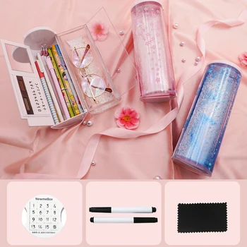 かわいい多機能ペンケーススクール鉛筆ボックスプラスチックの円筒鉛筆電卓ソーラー磁気スイッチ文房具