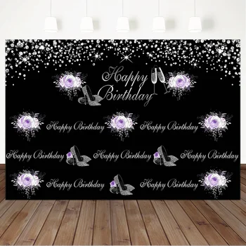 

Purple Flower Happy Birthday Background for Photography Repeat Steps Backdrop Flash Silver High Heels Black Photo Background