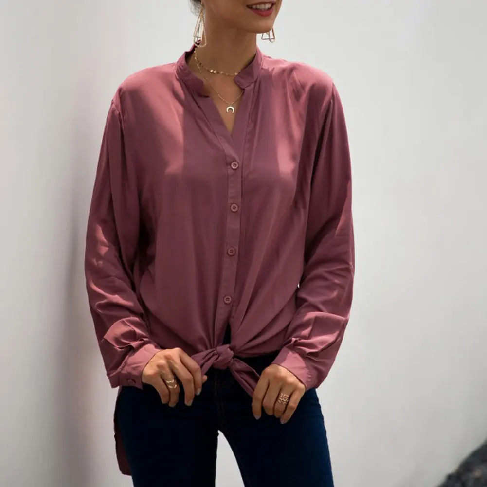 Wanita Leher V Kembali Split Kemeja Warna Solid Lengan Panjang Tali Baju Atasan Opk Blus Dan Kemeja Aliexpress