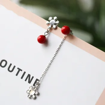

S925 Sterling Silver Earrings Female Red Shell Beads Snowflake Temperament Asymmetric Long Earrings Simple Personality Earrings