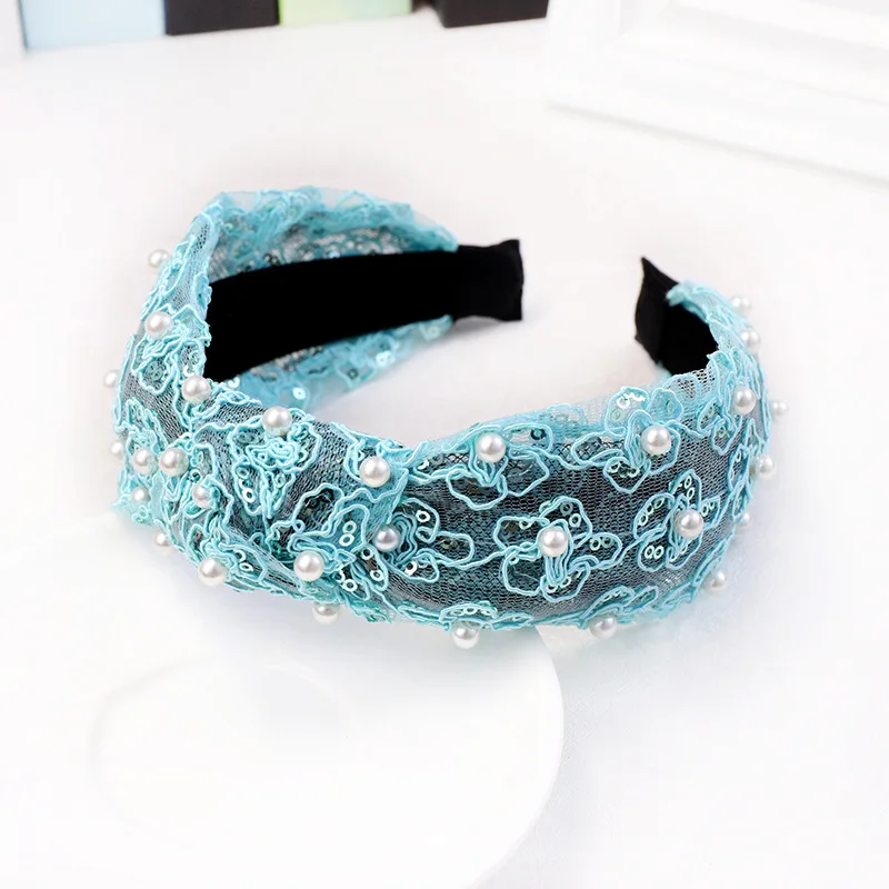 Sweet Ladies Pearl Headband Boutique Headwear Fashion Sequins Lace Hairband Top Knot Headband for women and girls