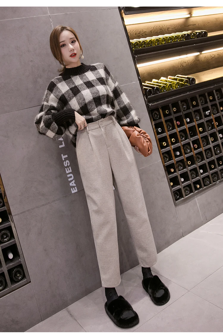 REALEFT Winter Warm OL Style Woolen Harem Pants High Waist Casual Pants Women Female Work Pants Vintage Trousers Pocket New