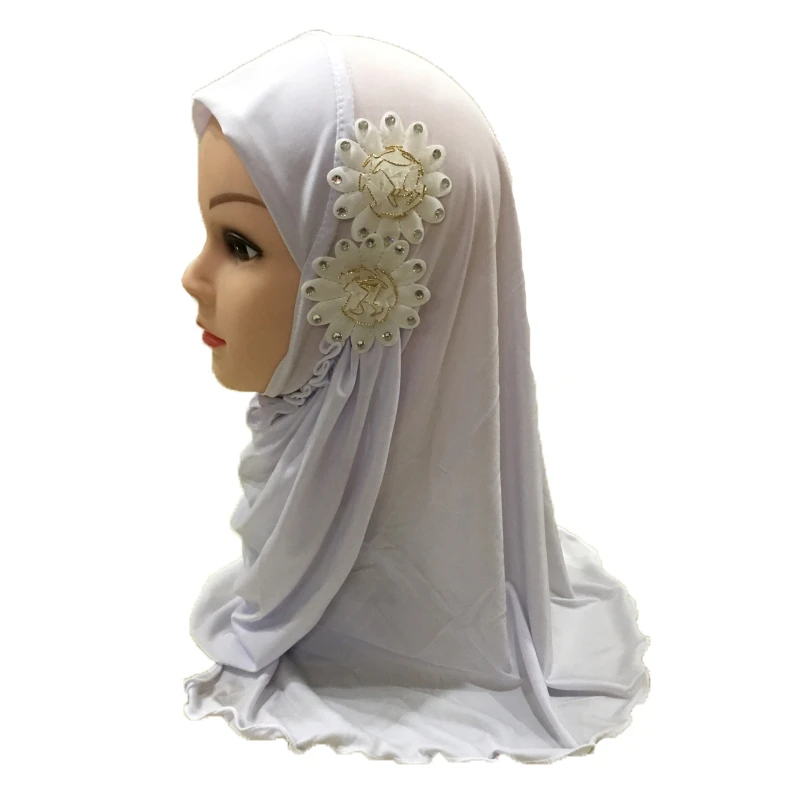 Мусульманский хиджаб, исламский шарф в арабском стиле для девочек, шали с двумя красивыми цветами для девочек 2-7 лет - Цвет: White