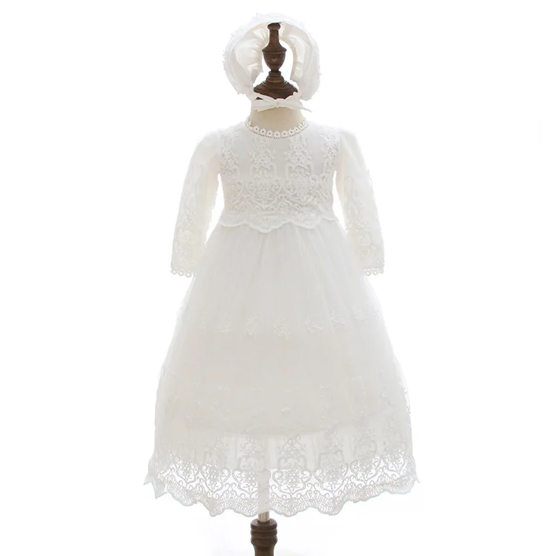 Белое платье для малышей детское вечернее платье с длинными рукавами для первого дня рождения для подружки невесты, платья для крещения для младенцев 0-3, 6, 12, 18, 24 месяцев