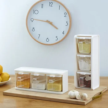 

Three Grid Seasoning Box, Horizontal And Dual-purpose Transparent Seasoning Box With Spoon, Pull-type Dust-proof Seasoning Jar