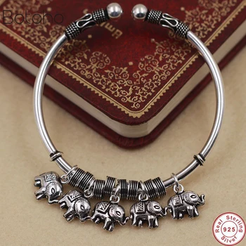 

New Vintage 100% Pure 925 Sterling Handwork Thai Silver Jewelry Auspicious Elephant Charms Bangles for Women Gift men bracelet