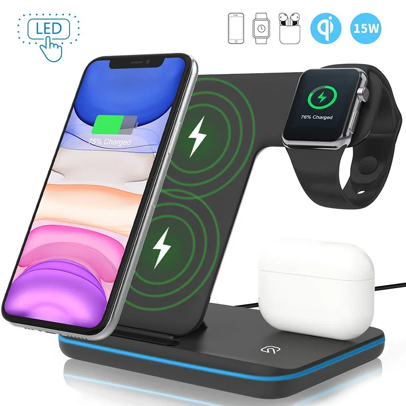 Сертифицированная 15 Вт станция для быстрой зарядки 3 in1Qi Apple iWatch Series 5/4/3/2/1 AirPods