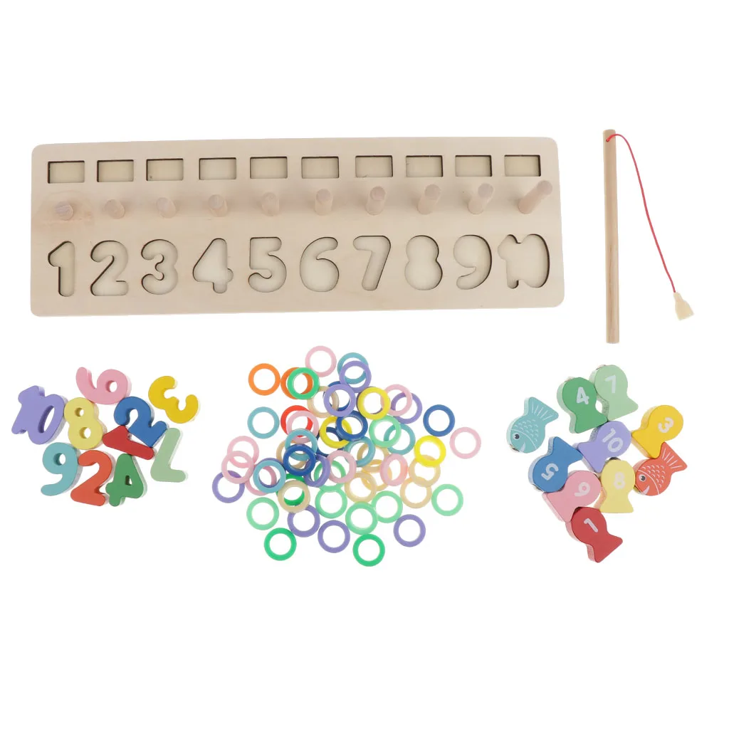 Montessori Wood Blocks Shape Sorter Number and Stacking Learning Educational Toys, Kids Children Fishing Toy