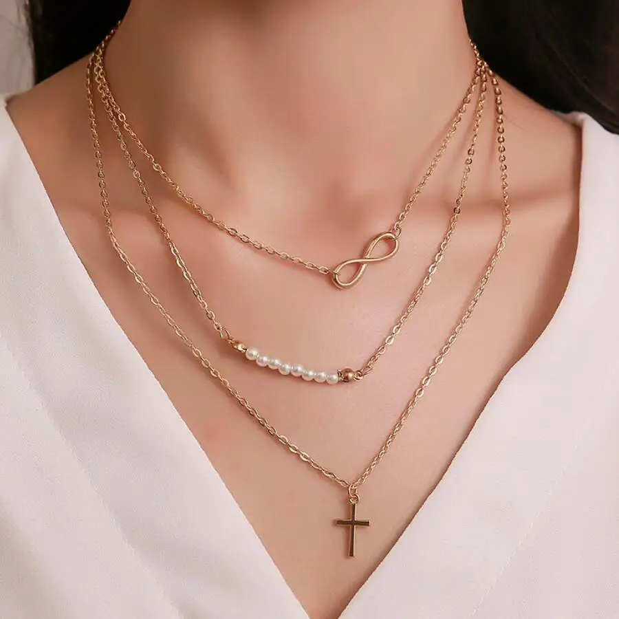 

2019 Hot Multilayer Necklace Bohemian Cool style 8 Word Cross small Beads Crystal Chokers Necklaces For Women Fashion Jewelry