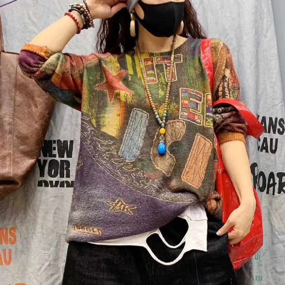 

Autumn and winter sweater printing retro art loose sweater casual large size pullover YJ