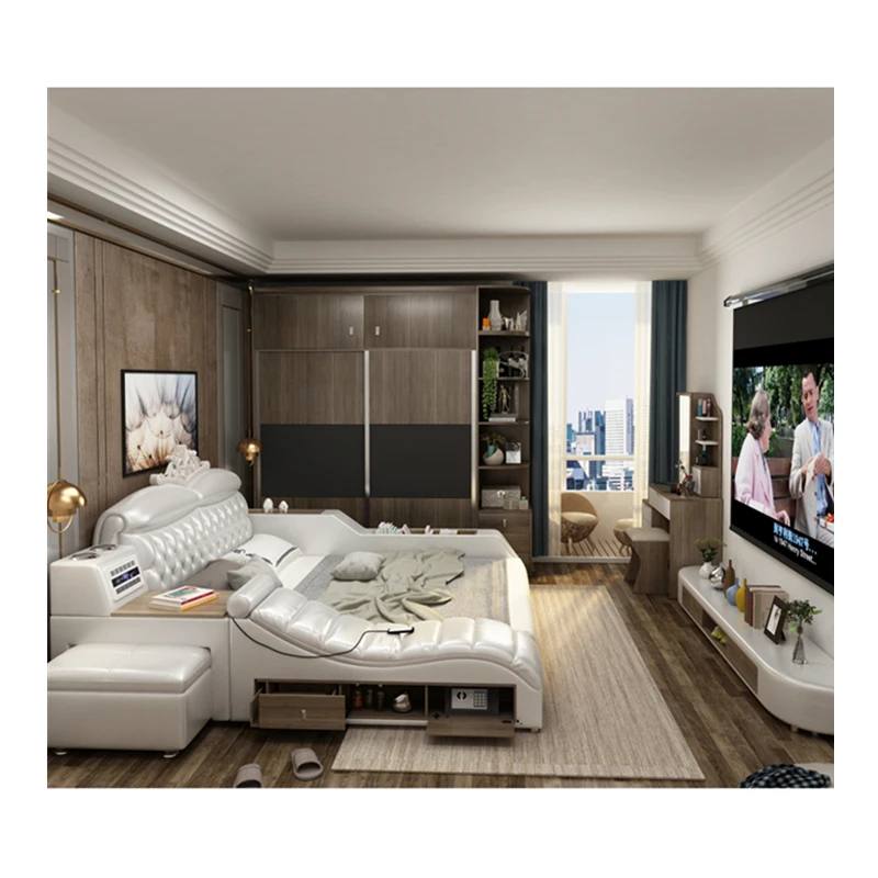 Geunine leather bed solid wood furniture multi functional bedroom set