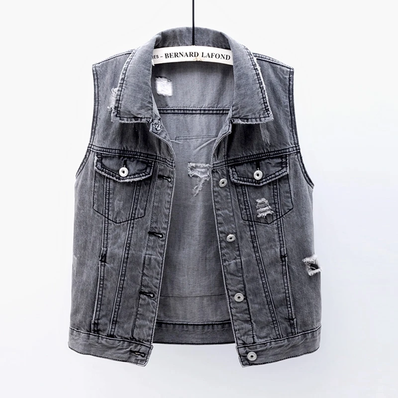 Fashion Gray Denim Vest Women Summer Casual Print Patch design Holes Jeans Vests Female Slim