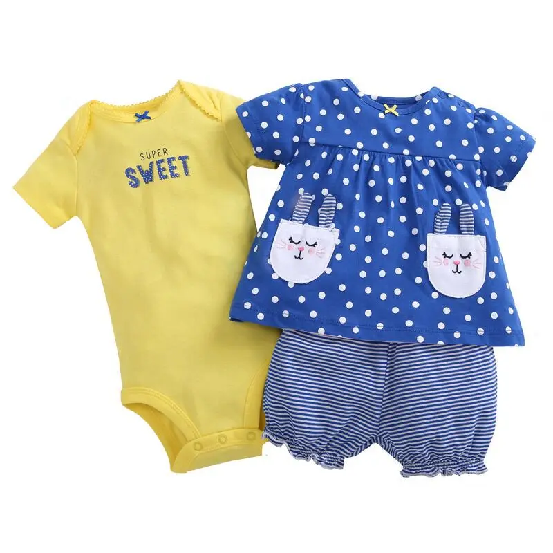 Летняя детская одежда для маленьких девочек Детский комплект с маленькими шортами, футболка+ детский костюм+ шорты, комплект одежды из 3 предметов для малышей 6-24 месяцев