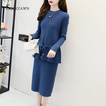 

2 Piece Set Sweater Knitted Skirts Suits Women 2019 Winter Elegant O Neck Long Sleeve Pullovers Bodycon Split Rivet Pencil Skirt