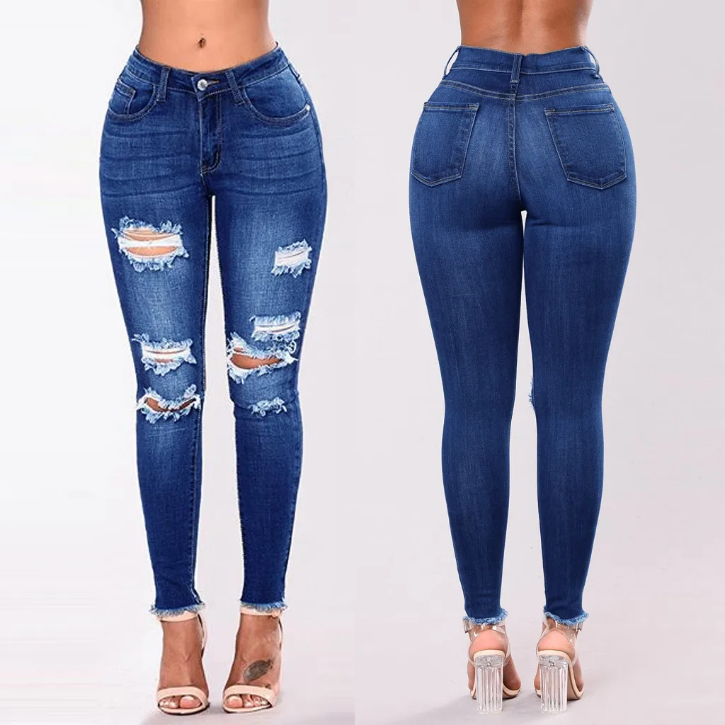 

2019 new casual ultra-thin blue hole jeans womens high waist slim hole jeans elastic stretch Slim pencil pants large size L0819
