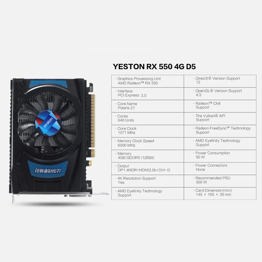 Yeston Radeon RX 550 GPU 4 ГБ GDDR5 128 бит игровой настольный компьютер ПК видеокарты Поддержка
